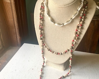 Vintage Costume Jewelry Necklace Pair, Long Greige Red Wood Seed Bead Layering, White Acrylic and Gold tone Choker, Two Necklaces