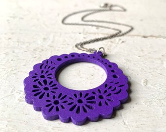 Lacy Purple Wood Flower Cutout Pendant Necklace, Gunmetal Silver Tone Chain, Lightweight Statement Drop Necklace