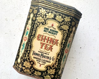 Vintage China Tea Tin, Black and Gold, Lotus Flowers, Beautiful Storage Organization, Thomas Martin Co New York, Secrets Box, Home Decor