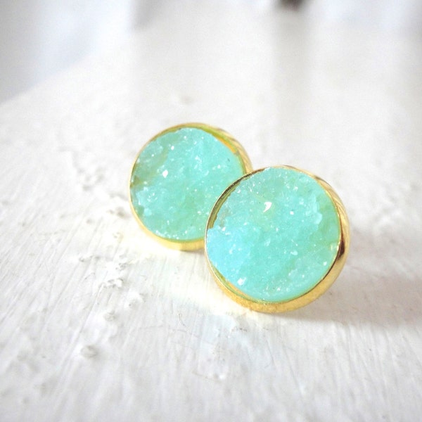 Druzy Stud Post Earrings of Sparkly Turquoise Blue in Gold or Silver