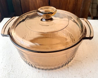 Vintage Anchor Hocking Glass Baking Dish 1436, Brown Amber Glass Dutch Oven Casserole Pot with Lid, 1 Quart Kitchenware, Cookware, Fire King