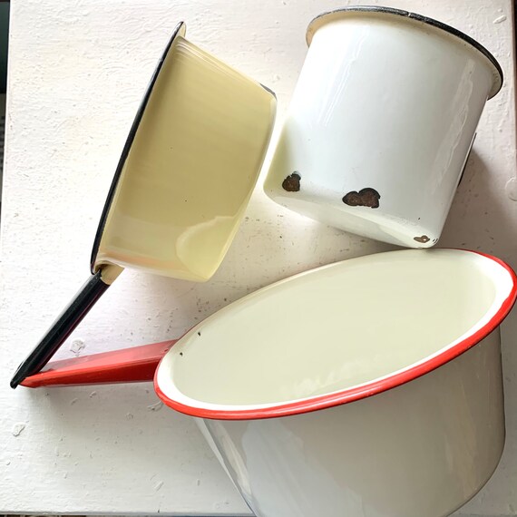 Vintage Enamelware Pots and Mug Trio of Midcentury Enamel Etsy