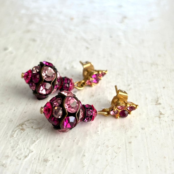 Vintage Pink Rhinestone Coro Earrings, 24K Gold Posts, Light Pink Fuchsia Glass Rhinestones, Petite Drop Dangle Earring, New on Original Tag