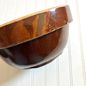 Vintage Brown Stoneware Pottery Mixing Bowl, Large Brown Glaze, Unglazed Top and Bottom Lip for Two-Tone, Primitive Kitchen Home Decor