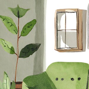 May include: Watercolor illustration of a green leafy plant with a brown stem, a small window, and a green object with three black dots. The background is a light green color.