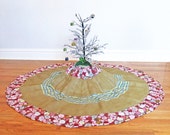 Christmas Tree Skirt 60" Large Burlap and Cotton Quilted Handmade Holiday Decor Red Snowflake Green Chevron