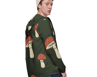 Men’s Hooded Windbreaker Jacket – Lined, Waterproof, Lightweight, Comfortable, Durable, Customizable – Minimalist Design Mushrooms