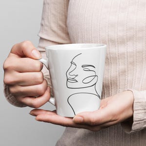 White Ceramic Coffee Mug – 12oz Cup – Latte Mug, Elegant, Ergonomic – Office, Kitchen, Home, Gift – Coffee Tea Minimalist design Calligraphy