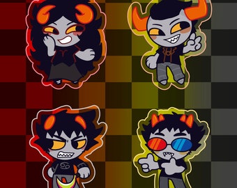 May include: Four cartoon characters with horns and different facial expressions. The characters are on a checkered background. The characters are wearing different outfits and accessories.