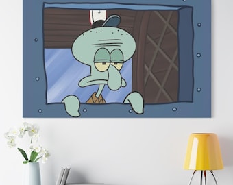Funny Squid Window Effect Canvas, Sponge TV Show House Art Decor Joke Print, Housewarming Gift for Nick Cartoon Fans
