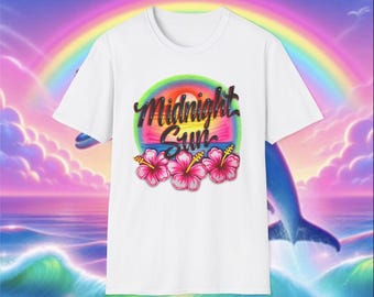 Midnight Sun Floral TShirt, Retro Rainbow Hibiscus Tee, Airbrush Style Gift Shirt for Zara Music Fans
