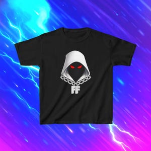 May include: Black t-shirt featuring a white hooded figure with red eyes, a chain, and the letters "FF" in white. The design is centered on the shirt. The background is a gradient of blue and purple with lightning bolt graphics.