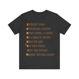 Sondheim in Shows - Broadway Tshirt | Stephen Sondheim | Merrily We Roll Along, Sweeney Todd, Forum, Into the Woods, West Side Story