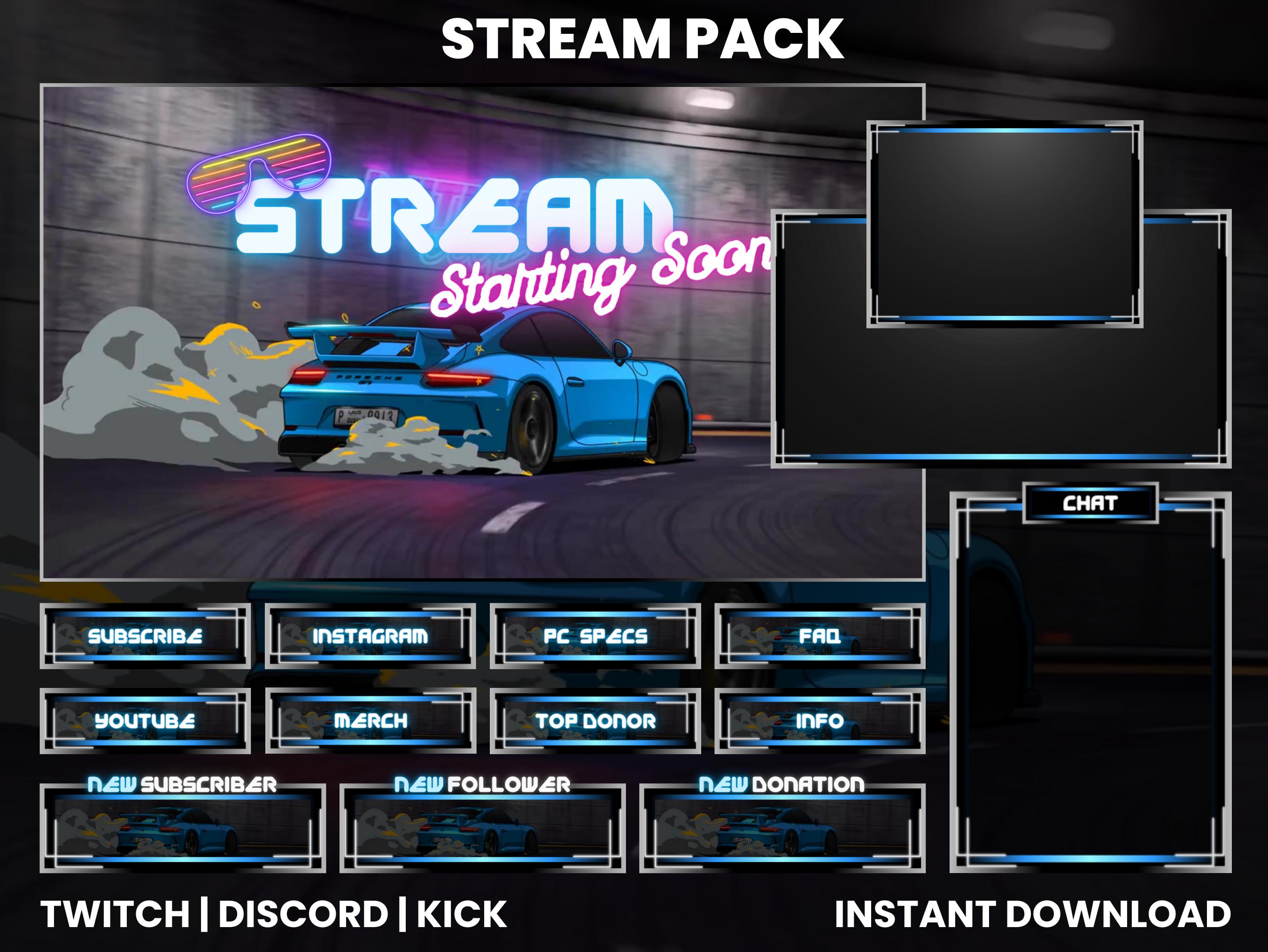 Animated Twitch Stream Pack | Twitch Screen Overlay | Webcam Overlay | Animated Screens | Drifting Porsche | Grey and Blue | Twitch Panels