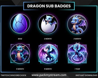 Dragon Sub Badges for Twitch Discord Kick | Fantasy Subscriber Badges | Dragon Egg to Dragon Badge Set | Streamer Sub Badges