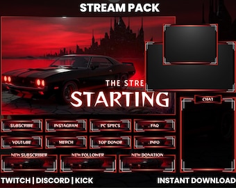 Red Muscle Car Stream Pack Overlay | Dark City Twitch Overlay Pack for OBS, Retro Gaming Streams & Alerts