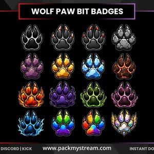 Puede incluir: Una colección de dieciséis insignias digitales de huellas de lobo dispuestas en una cuadrícula de cuatro por cuatro. Los iconos presentan varias texturas y colores, incluyendo piedra, fuego, hielo, rayos y degradados de arcoíris. El texto WOLF PAW BIT BADGES está arriba.