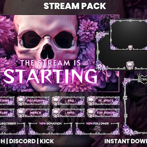 Op de afbeelding: Een paars en zwart streampakket met een schedel en een bloemenontwerp. De tekst "STREAM PACK" staat bovenaan de afbeelding. De tekst "THE STREAM IS STARTING" staat in het midden van de afbeelding. De tekst "TWITCH | DISCORD | KICK" staat onderaan de afbeelding. De tekst "INSTANT DOWNLOAD" staat rechtsonder in de afbeelding.
