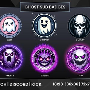 May include: A set of six animated Twitch, Discord, and Kick sub badges featuring a ghost with different expressions and backgrounds. The badges are labeled with the number of months of subscription required to earn them, starting with "Base" and ending with "1 Year".