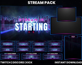 Może przedstawiać: Cyfrowy pakiet streamingu z futurystycznym tłem miasta. Słowa "Stream is Starting" są wyraźnie wyświetlane. Zawiera panele do czatu, powiadomienia o subskrybentach i linki do mediów społecznościowych. Pakiet jest przeznaczony dla Twitch, Discord i Kick.