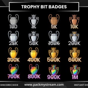 May include: A collection of trophy-shaped badges with varying designs and colors, ranging from silver to gold and rainbow hues. Each badge displays a number, such as 100, 1K, 5K, and up to 1M, against a black background. The text "TROPHY BIT BADGES" is at the top.