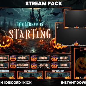 Peut inclure: Pack de diffusion Twitch sur le thème d'Halloween avec un arrière-plan effrayant représentant une maison hantée, des citrouilles et des toiles d'araignées. Le texte "THE STREAM IS STARTING" est affiché en grande police. Le pack comprend diverses superpositions pour le chat, les nouveaux abonnés, les nouveaux abonnés et les nouveaux alertes de dons.