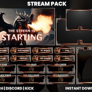 Black Dragon Twitch Stream Pack | Twitch Overlay | Animated Screens | Webcam Overlay | Dragon Panels | Alert | Chat Overlay | Fire Breathing