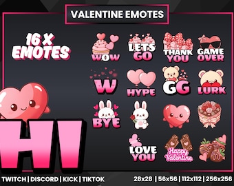 Animated Valentine Twitch Emotes Pack | 16 Animated + 16 Static Cute Love Emotes for Twitch Discord Kick TikTok