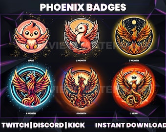 Phoenix Sub, Bit, and Discord Badges for Streamers - 6 Unique Sets