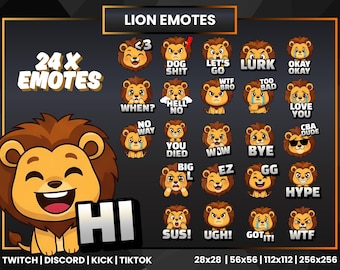 Lion Emotes Pack for Twitch Discord Kick YouTube TikTok – 24 Cute Funny Streamer Emotes | Instant Download PNG Bundle