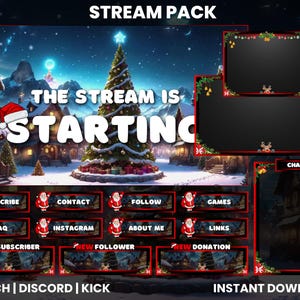 Peut inclure: Un pack de diffusion Twitch sur le thème de Noël avec un arrière-plan hivernal représentant un village enneigé et un grand sapin de Noël. Le texte "THE STREAM IS STARTING" est affiché en grandes lettres blanches. Le pack comprend divers superpositions, panneaux et boutons pour la chaîne d'un streamer, tels qu'un panneau de discussion, un bouton d'abonnement, un bouton de suivi et un bouton de don. Le texte "TWITCH | DISCORD | KICK" est affiché en bas de l'image.