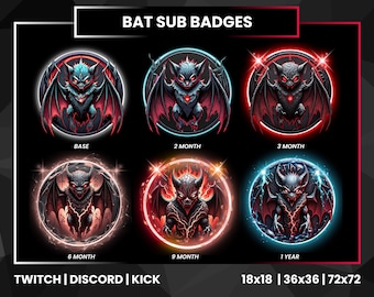 Demon Bat Twitch Sub Badges | Twitch Badges | Bat Bit Badges | Twitch Bit Badges | Discord Badges | Kick Badges | Black Bat Badges