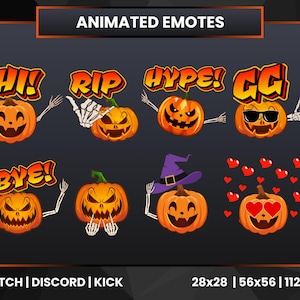 Op de afbeelding: Geanimeerde Halloween-pompoen-emoticons voor Twitch, Discord en Kick. De emoticons tonen verschillende uitdrukkingen en tekst, waaronder "Hi!" "RIP" "Hype!" "GG" "Bye!" en een pompoen met harten.