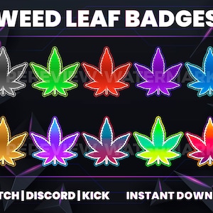 May include: Ten different colored weed leaf badges. The badges are in the following colors: black, green, red, purple, blue, gold, purple, blue, green, and orange.