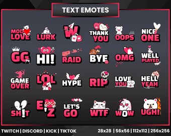 24 x Valentines Themed Text Emotes | Pink and White Emotes | Heart Emotes | Love Emotes | Twitch Emotes | Discord | Kick | YouTube | TikTok
