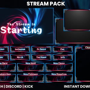May include: A stream pack with a blue and red swirl design. The text "The Stream Is Starting" is in white on the top panel. The pack includes panels for chat, subscriber, Instagram, PC specs, FAQ, YouTube, merch, top donor, info, new raid, new host, new cheer, new subscriber, new follower, and new donation.
