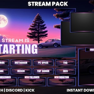 Twitch Stream Pack Retro Sunset Car Overlay | OBS Streamlabs Kick Graphics | Animated Screens Webcam Overlay Panels Alerts | Chat Overlay
