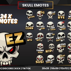 Puede incluir: Un conjunto de 24 emoticonos de calaveras con diversas expresiones y texto, incluyendo "HYPE", "GG" y "BYE". La imagen presenta una calavera grande con ojos rojos y la palabra "EZ" en dorado. El texto inferior indica compatibilidad con Twitch, Discord, Kick y TikTok.