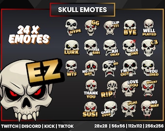 24 Skull Emotes for Twitch Discord Kick TikTok YouTube | Funny Horror Gamer Emote Pack | Dark Stream Emoji Set