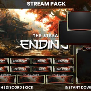 May include: A digital stream pack with a Japanese-inspired background featuring a red and gold temple and autumn leaves. The pack includes a chat box, a webcam overlay, and several buttons for subscribing, following, and donating. The text "STREAM PACK" is at the top of the image, and the text "THE STREA ENDING" is in the center of the image. The text "INSTANT DOWNLOAD" is at the bottom of the image.