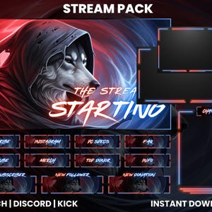 May include: Digital stream pack with a wolf illustration in red and blue tones. Includes overlay elements with text like "Subscribe," "Instagram," and "New Subscriber." The words "The Stream Starting" are also visible.