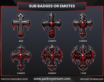Gothic Cross Sub Badges or Emotes, Red Gem Twitch Subscriber Badges for Dark Fantasy Streamers