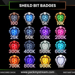 May include: A collection of sixteen shield-shaped digital badges labeled SHEILD BIT BADGES. Each badge features a unique color and a textured, glowing center with numerical values ranging from 100 to 1M, arranged in a four-by-four grid on a black background.