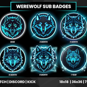 Pode incluir: Um conjunto de seis distintivos de subscrição digital de Lobisomem com um design de lobo azul brilhante. Cada distintivo é circular, com texto indicando a duração da subscrição: Base, 2 meses, 3 meses, 6 meses, 9 meses e 1 ano. A imagem também inclui o texto "TWITCH | DISCORD | KICK" e dimensões.