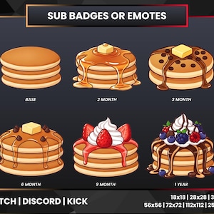 Pancake Sub Badges for Twitch Discord Kick | Cute Food Theme Streamer Badges | 6 Tier Stackable Loyalty Badge Pack