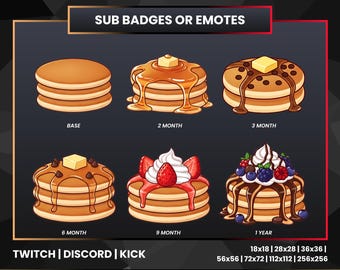 Distintivi Pancake Sub per Twitch Discord Kick / Distintivi Streamer a tema cibo carino / Pacchetto di distintivi fedeltà impilabili a 6 livelli