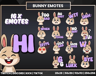 Cute Bunny Twitch Emotes Bundle | 16 Kawaii Streaming Emotes for Twitch Discord YouTube Kick TikTok | Gamer Bunny Emotes Set
