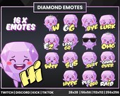 Adorable Diamond Emotes for Streamers – 16 Twitch, Discord, Kick & TikTok Crystal Emoji Set, Cute Reaction PNG Emotes