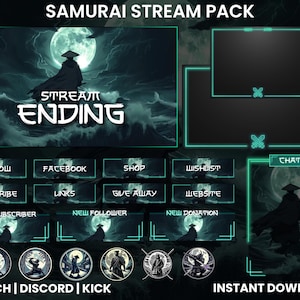 Pacote de transmissão animada do Twitch Samurai Moonlight | Sobreposição de webcam | Alertas do Twitch | Sobreposição da caixa de bate-papo | Emblemas de inscrição do Twitch | Discord | Kick