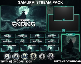 Paquete de animación Samurai Moonlight para Twitch / Superposición de cámara web / Alertas de Twitch / Superposición de chat / Insignias de suscriptor de Twitch / Discord / Expulsión